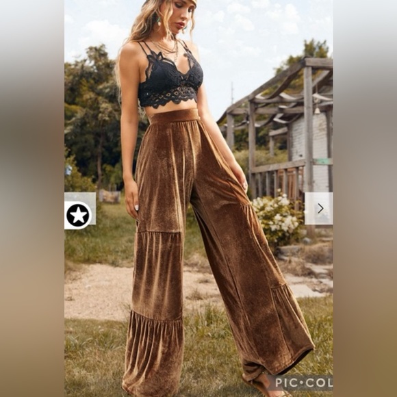 luukse Pants - Luukse Cognac Brown Velvet Wide Leg velvet Palazzo Pants SIZE XL boho
